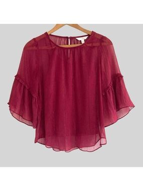 Y2K Sheer PolyChiffon Top XS Burgundy & Metallic Pagoda  Bell Sleeve Whimsigoth